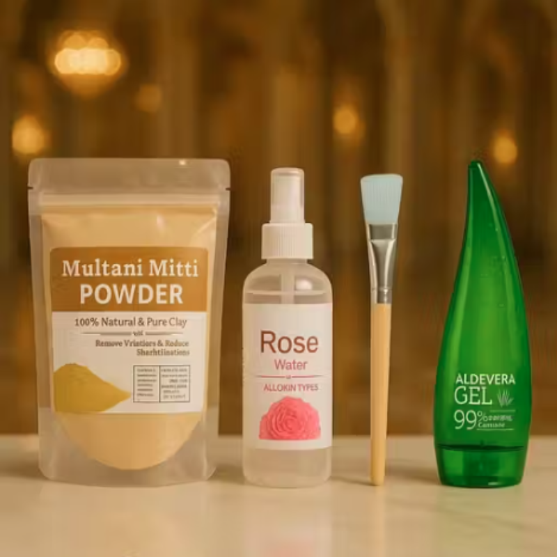 Mitti Powder 100% Natural for Skin (200g), Rose Water (120ml), Brush & Aloe Vera Gel face pack